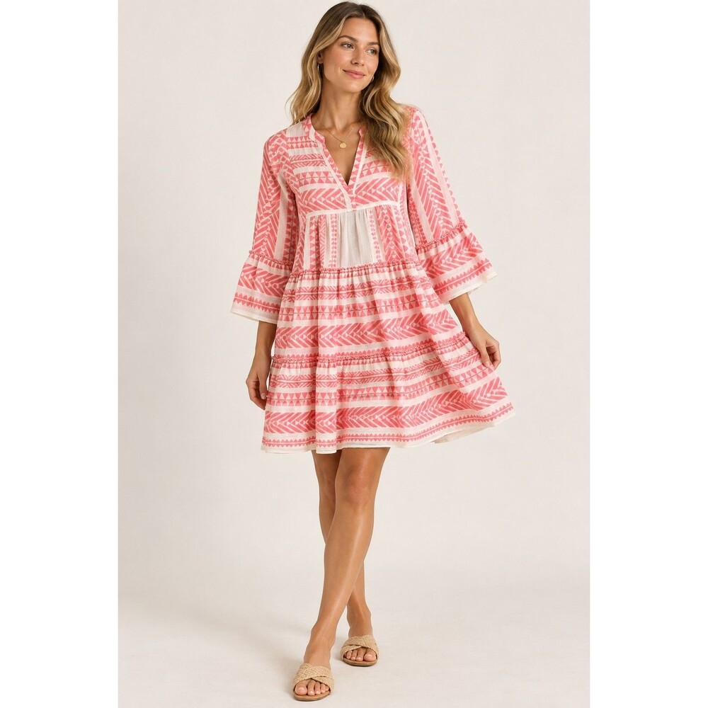 Devotion Twins Ella Dress Women’s M Pink White Embroidered Tiered Boho Mini